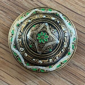 Vintage Antique Enameled Green and Black Round Brooch.